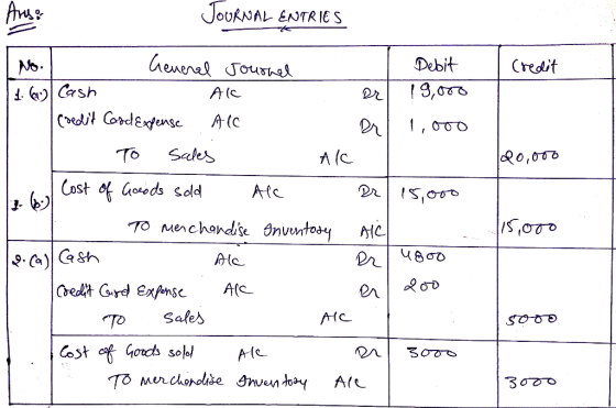Anas JOURNAL ENTRIES No. Credit 120,000 General Journal Debit 11. 6) Cash A(с Dr 19,000 Credit Card Expense Alc a 1,000 To sa