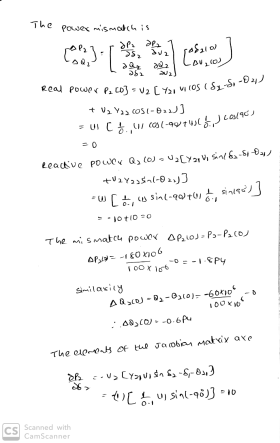 The power mismatch is [P2] = [ op sy a b ] posaios , had 222 Lauros Real power P₂ [0] = V2 [Y2o vilos (82-21 Yzo vilos (8₂-8.