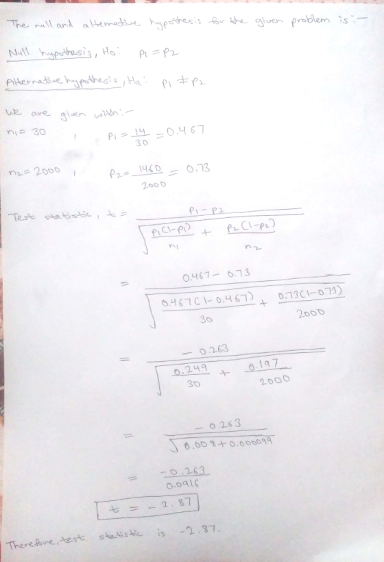 The mall and alternative hypothesis for the given problem is: Null hypothesis, Hoi P1 = P2 Alternative hypothesis, Hai Pl Ep2