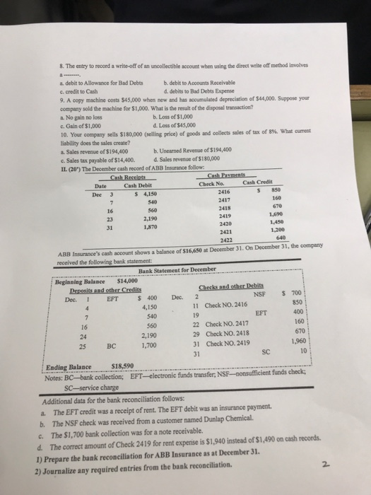 8. The entry to record a write-off of an uncollectible account when using the direct write off method involves a debit to Allowance for Bad Debts b. debit to Accounts Receivable e. credit to Cash 9. A copy machine costs $45,000 when new and has accumulated depreciation of $44,000. Suppose your company sold the machine for $1,000. What is the result of the disposal transaction a. No gain no loss c. Gain of $1,000 10. Your company liability does the sales create? a Sales revenue of $194,400 d. debits to Bad Debts Expense b. Loss of $1,000 d. Loss of $45,000 sells S 180.000 (selling price) of goods .nd collects sales of tax of 8% what current . Unearmed Revenue of $194,400 c. Sales tax payable of $14,400. dSales revenue of $1 80,000 IL (20) The December cash record of ABB Insurance follow Cash Debit Check No. Cash Credit Dee 3 $ 4,150 2416 5 850 16 2418 2,190 1,870 31 2420 2422 ABB Insurances cash account shows a balance of $16,650 at December 31. On December 31, the company received the following bank statement Bank Statement for December Beginning Balance $14,000 NSF S 700 850 400 160 670 1,960 10 EFT S 400 Dec. 2 11 Check NO. 2416 19 22 Check NO. 2417 29 Check NO. 2418 31 Check NO. 2419 4,150 EFT 16 24 25 BC 560 2,190 1,700 Sc Ending Balanc$18,590 Notes: BC-bank collection; EFT-electronic funds transfer, NSE-nonsufficient funds check sc-service charge Additional data for the bank reconciliation follows: a. The EFT credit was a receipt of rent. The EFT debit was an insurance payment b. The NSF check was received from a customer named Dunlap Chemical. c. The $1,700 bank collection was for a note receivable. d. The correct amount of Check 2419 for rent expense is $1,940 instead of $1,490 on cash records 1) Prepare the bank reconciliation for ABB Insurance as at December 31. 2) Journalize any required entries from the bank reconciliation.