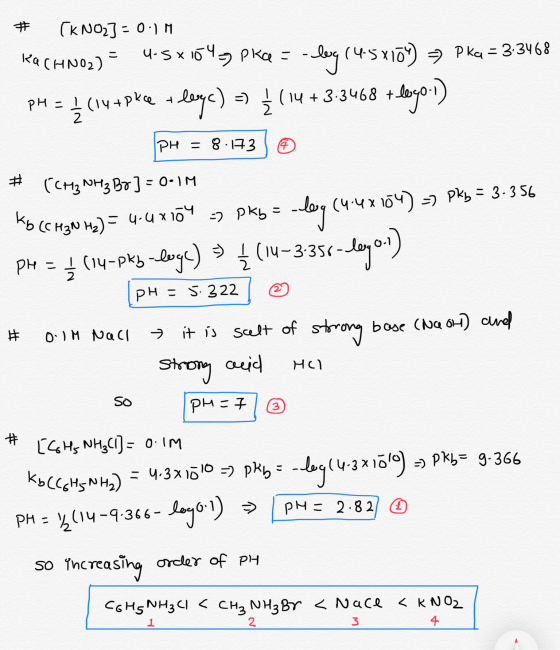 # CK NO2) = 0.M RACHNO2) = 4.5x1645 PKQ = -log (4-5x104) = Pka = 3.3468 pH = { (14 + pkce + laya) => į ( 14 + 3.3468 + logo-1
