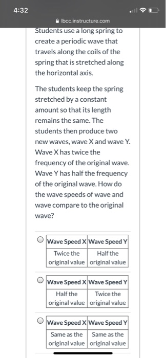 4:32 lbcc.instructure.com Students use a long spring to create a periodic wave that travels along the coils of the spring tha