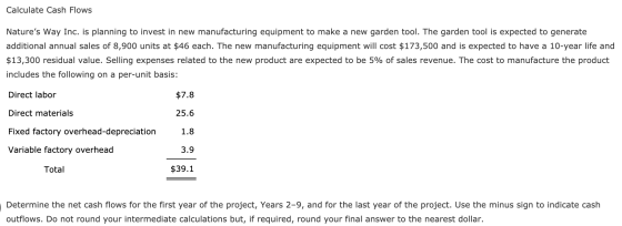 Calculate Cash Flows Natures Way Inc. is planning to invest in new manufacturing equipment to make a new garden tool. The ga