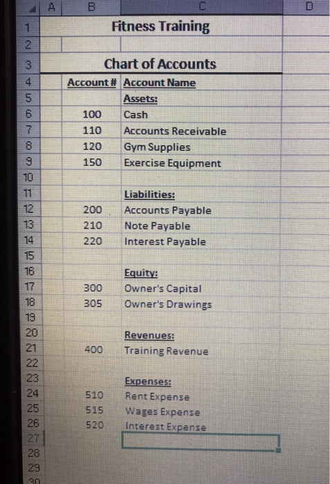 A B 1 Fitness Training 2. 4 5 3 4 5 6 7 8 9 10 Chart of Accounts Account# Account Name Assets: 100 Cash 110 Accounts Receivab