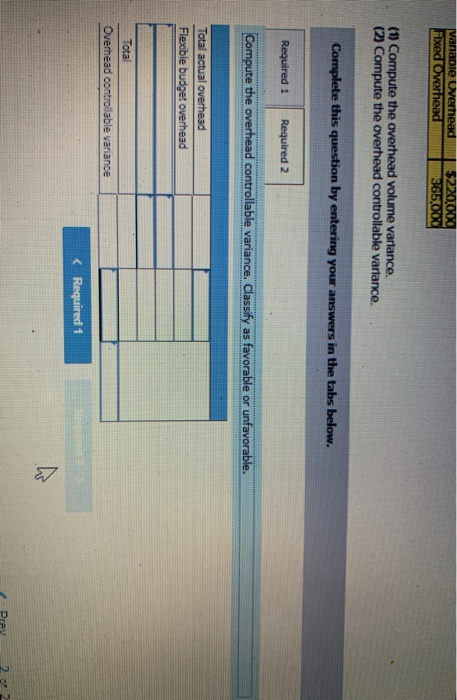 vanadie Overhead Fixed Overhead $220,000 365.000 (1) Compute the overhead volume variance. (2) Compute the overhead controlla