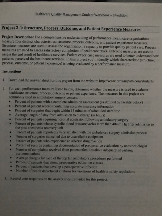 Healthcare Quality Management Student Workbook - 5th edition Project 2-1: Structure, Process, Outcome, and Patient Experience