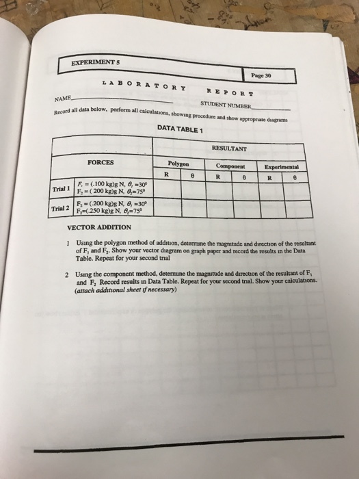 Page 30 LA BOR ATORYREPOR T NAME STUDENT NUMBER lI data below, perform all calculations, showing procedure and show appropnate duagrams DATA TABLE RESULTANT FORCES Polygon TrialI F (200 kg)g N 0,-750 Trial 2 VECTOR ADDITION 1 Using the polygon method of addition, determane the magnitude and direction of the resultant of F, and F Show your vector diagram on graph paper and record the results in the Data Table. Repeat for your second thal 2 Using the component method, determune the magnatude and darection of the resultant of F, and F, Record results ın Data Table. Repeat for your second tnal. Show your calculatons. (attach additional sheet f necessary)