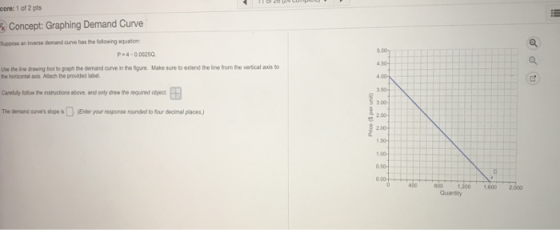 core: 1 of 2 pts Concept: Graphing Demand Curve Suppose an inverse demand curve has the folowing equation P 4-0.00250 5.00 Use the line drawing tool to graph the demand curve in the figare Make sure to extend the ine from the vertical axis to the horcontal axcis Attach the provided labe Carfulty follow the instructions above and only draw the requred object The demand ourves sopeis(Enter your response rounded to four decimal places) s 250 Quantty