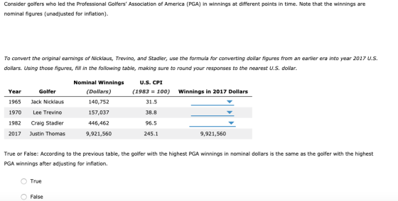 Consider golfers who led the Professional Golfers Association of America (PGA) in winnings at different points in time. Note