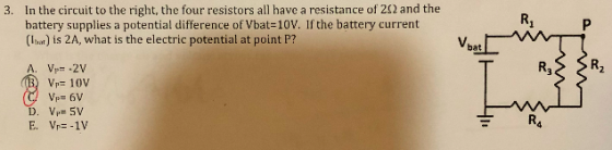 3. In the circuit to the right, the four resistors all have a resistance of 2.2 and the battery supplies a potential differen