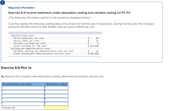 Required information Exercise 6-9 Income statement under absorption costing and variable costing LO P1, P2 The following information applies to the questions displayed below Cool Sky reports the following costing data on its product for its first year of operations. During this first year, the company produced 42,000 units and sold 34,000 units at a price of $140 per unit. Manufacturing costs Direct materials per unit Direct labor per unit Variable overhead per unit Fixed overhead for the year $60 504,000 Selling and administrative costs Variable selling and administrative cost per unit Fixed selling and administrative cost per year $ 105,000 Exercise 6-9 Part 1a 10. Assume the company uses absorption costing. Determine its product cost per unit. Per unit product cost using Absorption costing Cost per unit