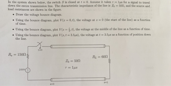 In the system shown below, the switch S is closed at t = 0. Assume it takes T = ls for a signal to travel down the entire tra