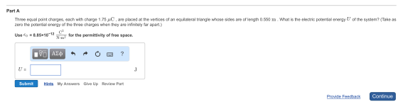 Three equal point charges, each with charge 1.75 m