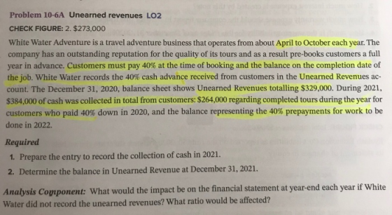 Problem 10-6A Unearned revenues LO2 CHECK FIGURE: 2. $273,000 White Water Adventure is a travel adventure business that opera