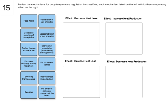 15 Review the mechanisms for body temperature regulation by classifying each mechanism listed on the left with its thermoregu