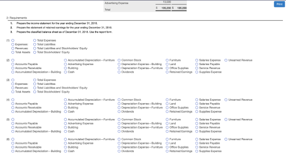 Advertising Expense 13,500 195,200 $ Print $ 195,200 Total 2: Requirements 1. 2. 3. Prepare the income statement for the year