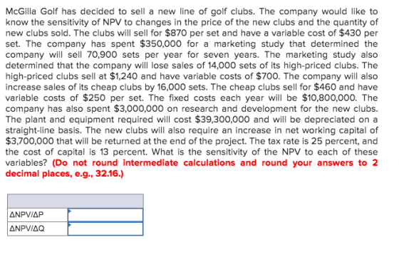 McGilla Golf has decided to sell a new line of golf clubs. The company would like to know the sensitivity of NPV to changes i