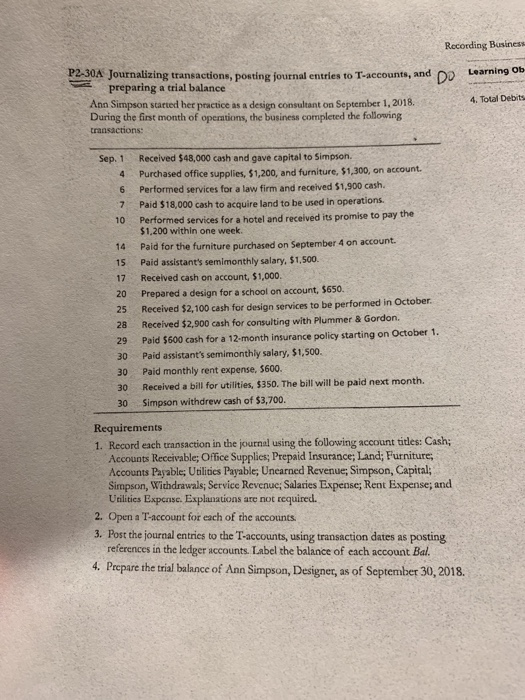 30A Journalizing transactions, posting ¡ournal entries to T-accounts, and D0 Learning ob preparing a trial balance Ann Simpson started her practice as a design consultant on September 1, 2018. During the first month of operations, the business completed the following transacions 4. Total Debits Received $48,000 cash and gave capital to Simpson 4 Purchased office supplies, $1,200, and furniture, $1,300, on account. 6 Performed services for a law firm and received $1,900 casth. 7 Paid $18,000 cash to acquire land to be used in operations. 10 Performed services for a hotel and received its promise to pay the Sep. 1 $1,200 within one week 14 Paid for the furniture purchased on September 4 on account. 15 Paid assistants semimonthly salary, $1,500 17 Received cash on account, $1,000. 20 Prepared a design for a school on account, $650. 25 Received $2,100 cash for design services to be performed in October 28 Received $2,900 cash for consulting with Plummer & Gordon. 29 Paid $600 cash for a 12-month insurance policy starting on October 1 30 Paid assistants semimonthly salary, $1,500 30 Paid monthly rent expense, 5600. 30 Received a bill for utilities, $350. The bilt will be paid next month. 30 Simpson withdrew cash of $3,700. Requirements 1. Record each transaction in the journal using the following account titles: Cash; Accounts Receivable Office Supplies, Prepaid Insurance; Land; Furniture, Accounts Payable; Utilites Payable; Unearned Revenue; Simpson, Capital; Simpson, Withdrawals; Service Revenue; Salaries Expense; Rent Expense; and Urilitics Expensc. Explanations are not required. 2. Open a T-account for each of the accounts. 3. Post the journal entries to the T-accounts,using transaction dates as posting references in the ledger accounts. Label the balance of each account Bal 4. Prepare the trial balance of Ann Simpson, Designet, as of September 30, 2018.
