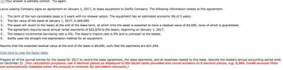 Your answer is partially correct. Try again. Laura Leasing Company signs an agreement on January 1, 2017, to lease equipment