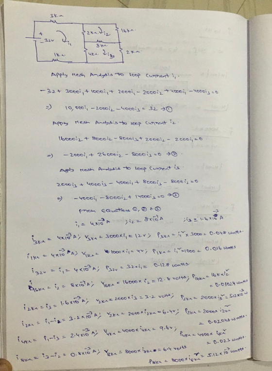 M 2 YA Apply resh Andysis to loop current i,. - 32+ 3oooi, & 1000i, & 20001 - 200012 +40oo, - 4000i = 0 ») 10,000, -200012 -4