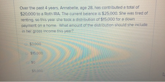 Over the past 4 years, Annabelle, age 28, has contributed a total of $20,000 to a Roth IRA. The current balance is $25,000. S