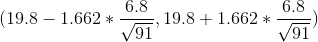 (19.8-1.662* \frac{6.8}{\sqrt{91}},19.8+1.662* \frac{6.8}{\sqrt{91}})