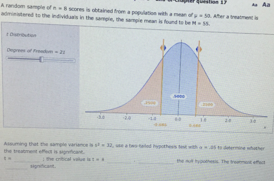 Capter question 17 Aa Aa A random sample of n 8 scores is obtained from a population with a mean of μ administered to the individuals in the sample, the sample mean is found to be M 50. After a treatment is 55. t Distribution Degrees of Freedom 21 ,250 2500 -3.0 -2.0 0.0 1.0 2.0 3.0 0:686 0.686 Assuming that the sample variance is s2 32, use a two-tailed hypothesis test with α = .05 to deter mine whether the treatment effect is significant. : the critical value ist t the null hypothesis. The treatment effect significant.