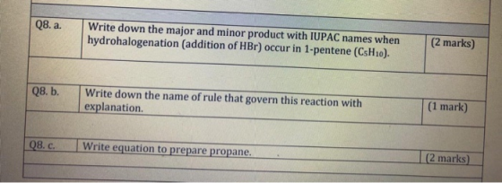 08. a. Write down the major and minor product with IUPAC names when hydrohalogenation (addition of HBr) occur in 1-pentene (C