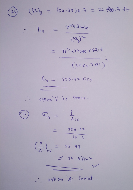 26 (K2y = (50-28) 0.7 (0-2890.7 - 22 60.7 ft TVE I min PEN (R)? - T 2 x 29000 X42.6 2 (22x0.7X12) Per = 350.02 kirs option b