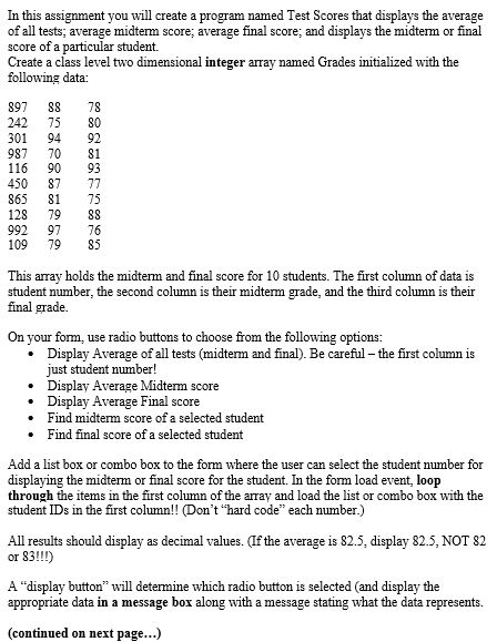 In this assignment you will create a program named Test Scores that displays the average of all tests; average midterm score;