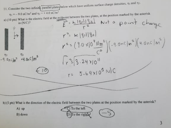 11. Consider the two infinite, parallel plates below which have uniform surface charge densitics, ni and 12 11--9.0 nC/m and