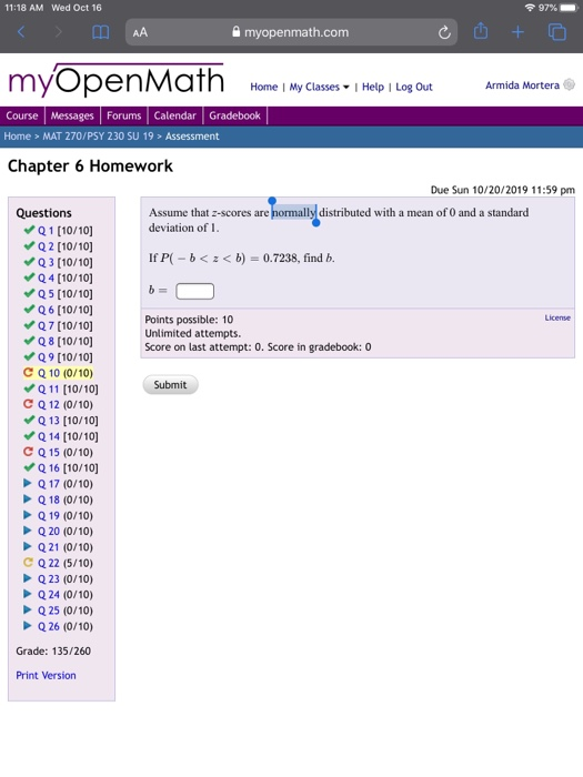 11:18 AM Wed Oct 16 < > M AA myopenmath.com m yOpenMath Home 1 My Classes v | Help Log Out Course Messages Forums Calendar Gr