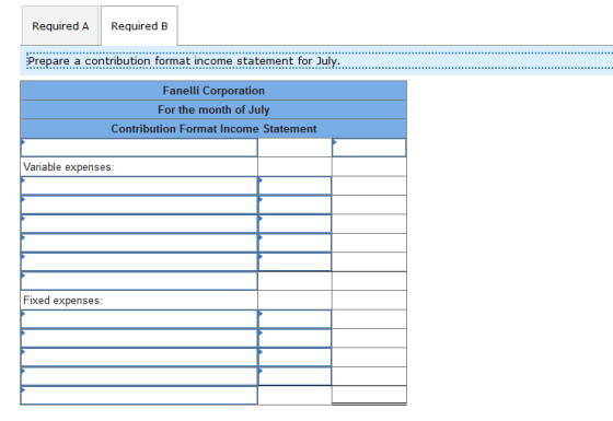 Required A Required B Prepare a contribution format income statement for July Fanelli Corporation For the month of July Contr