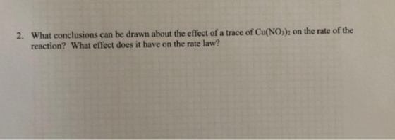 2. What conclusions can be drawn about the effect of a trace of Cu(NO3)2 on the rate of the reaction? What effect does it hav