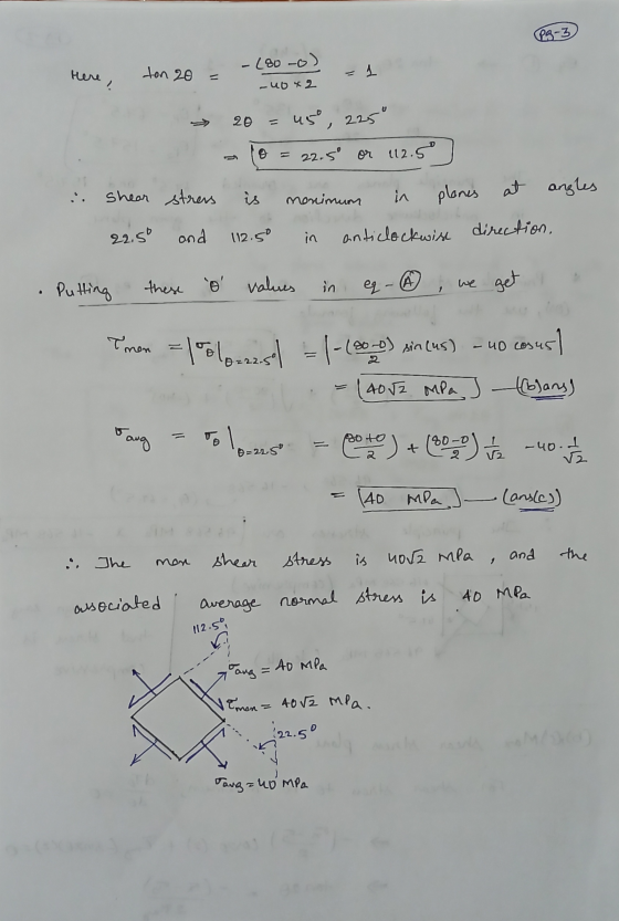 here, ton 20 = -280-0) - -u042 → 20 - us, 225 - 10 = 22.5° or 112.5° ) . Shear stress is monimum in planes at angles 22.50
