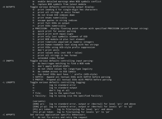 -O OUTOPTS W: enable detailed warnings when MIB symbols conflict R: replace MIB symbols from latest module Toggle various def