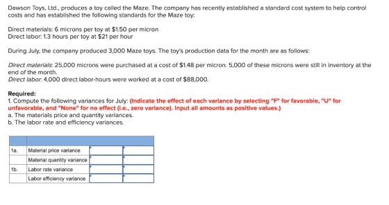 Dawson Toys, Ltd., produces a toy called the Maze. The company has recently established a standard cost system to help contro