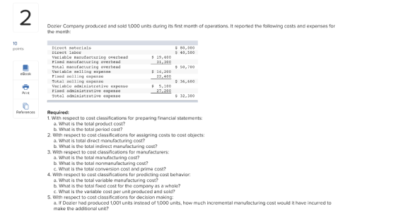 Dozier Company produced and sold 1,000 units during its first month of operations. It reported the following costs and expens