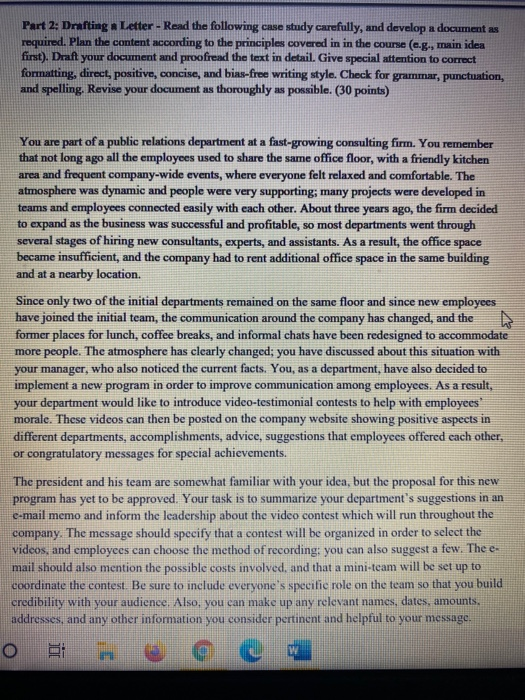 Part 2: Drafting Letter - Read the following case study carefully, and develop a document as required. Plan the content accor