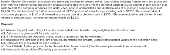 Benson Chicken Corporation processes and packages chicken for grocery stores. It purchases chickens from farmers and processe