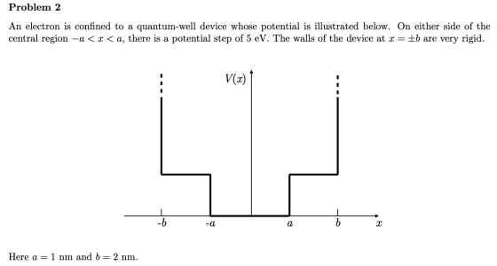 Problem 2 An electron is confined to a quantum-well device whose potential is illustrated below. On either side of the centra