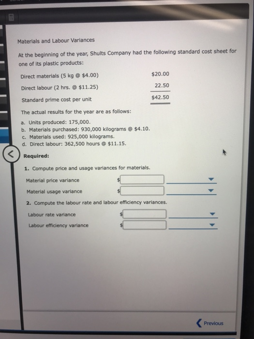 Materials and Labour Variances At the beginning of the year, Shults Company had the following standard cost sheet for one of