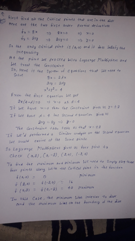 Hing first find all the critical points that are in the disk Here are the two first order partial derivatives fx = 8 x 7 8x=0