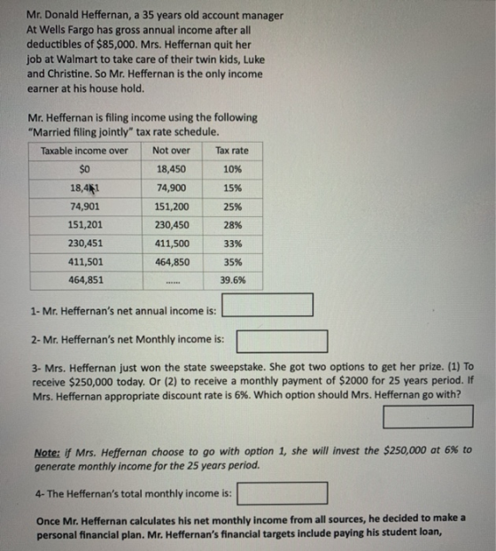 Mr. Donald Heffernan, a 35 years old account manager At Wells Fargo has gross annual income after all deductibles of $85,000.