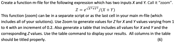 Create a function m-file for the following expression which has two inputs X and Y. Call it “zoom”. Z = eVX2+Y2 /(X + Y) This
