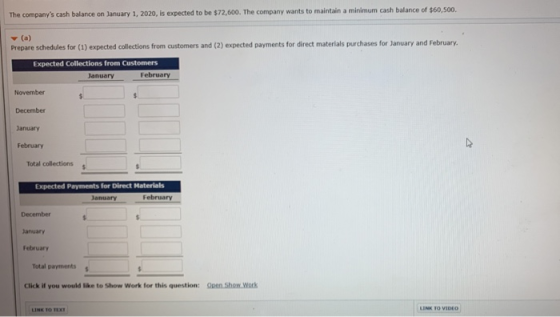 The companys cash balance on January 1, 2020, is expected to be $72,600. The company wants to maintain a minimum cash balanc