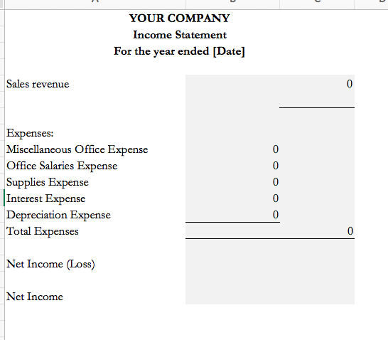 YOUR COMPANY Income Statement For the year ended [Date] Sales revenue Expenses: Miscellaneous Office Expense Office Salaries
