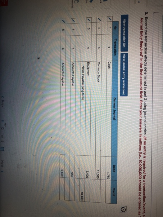 3. Record the transaction effects determined in part 2 using journal entries. (If no entry is required for a transaction/event, s Journal Entry Required in the first account field. Enter your answers in millions (i.e., 10,000,000 should be entered as IJ 1,750 11,500 3,400 10,400 950 9,400