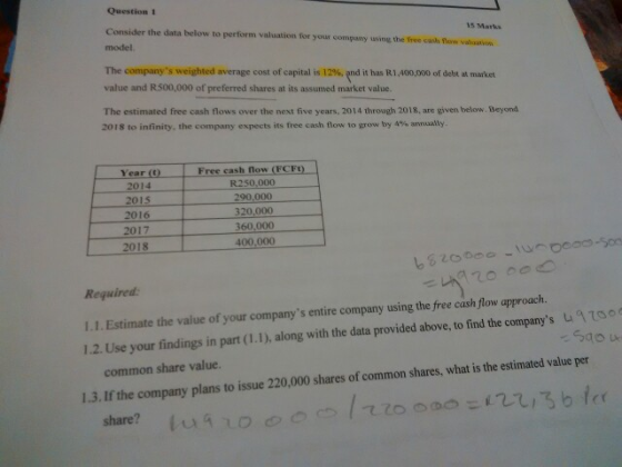 Question 1 15 Marks Consider the data below to perform valuation for your company wsing the free cash flow van model The comp