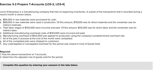 Exercise 3-2 Prepare T-Accounts (L03-2, LO3-4] Jurvin Enterprises is a manufacturing company that had no beginning inventorie